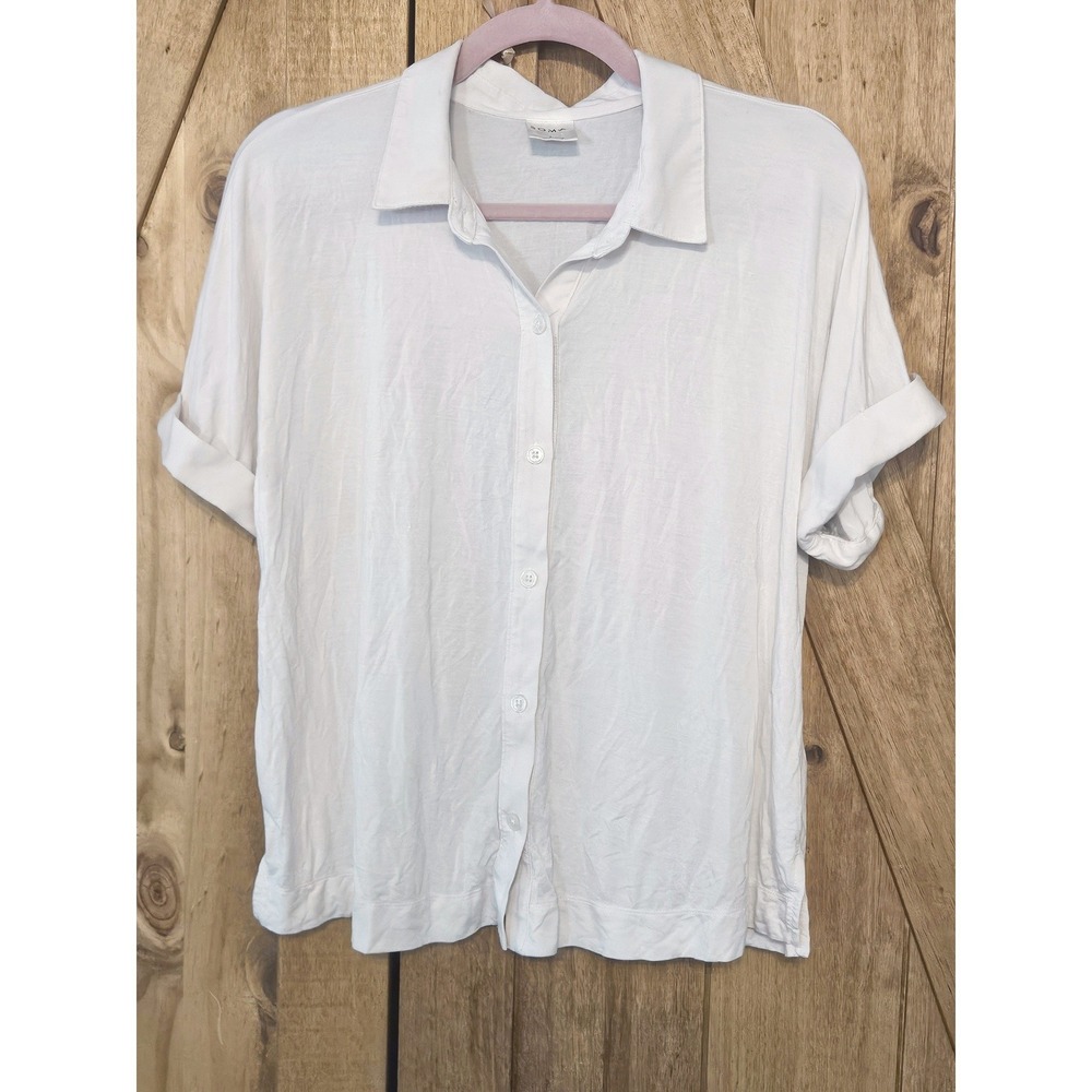 Soma Lounge Top Women L Pink Roll Short Sleeve Button Up Collared Stretch #758